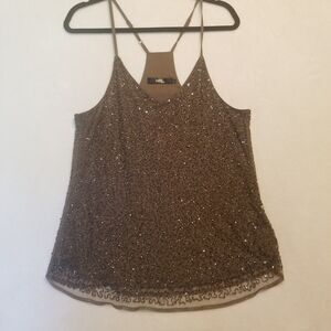 BKE Boutique L Camisole Tank Top Brown Fully Beaded Mesh Lined Going Out Y2K